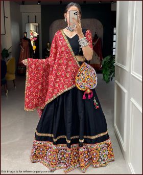 Black Color Gamthi Work With Mirror Work Cotton  Navratri Special Chaniya Choli 