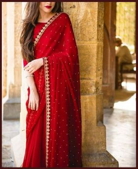 New Arrival Party wear Red Colour Embroidery Georgette Saree