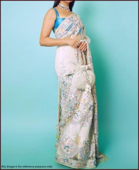 Engaging Pure Heavy Georgette Sequence Work White Saree
