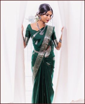 Gleaming Dark Green Soft Banarasi Silk Saree With Beautiful Blouse Piece