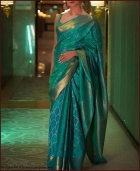 Sea Green Traditional Weaving Soft Lichi Silk Designer Saree with Unstitched Blouse