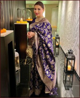 Trendy Golden Zari Weaving Multicolour Saree comes with Heavy Blouse Piece