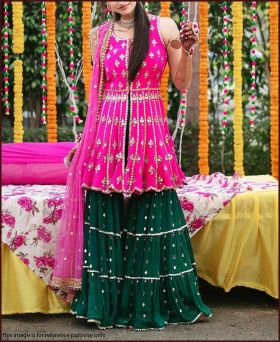 Graceful Faux Georgette Pink and Green Sharara Suit