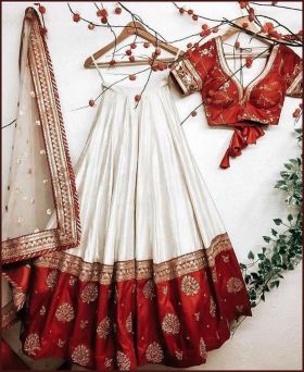 Wedding Wear Embroidered And sequence REd & White Chinon Lehenga