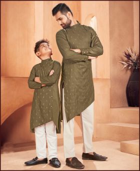Trendy Cotton Embroidery Butti Work Father and Son Mehndi Kurta
