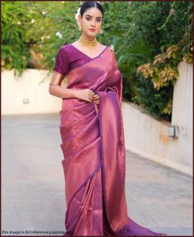 Premium Banarasi Silk Zari Weaving Purple Saree with Blouse Piece