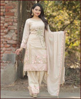 Charming Georgette Embroidery Work Cream Salwar Suit