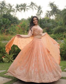 Heavy Sequence Peach  Lehenga Choli  Faux Georgette With Designer Blouse and Beautiful Embroidery