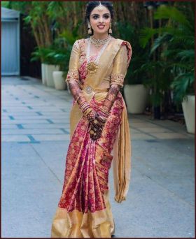 Pink and Gold Color Soft Banarasi Silk Saree with Golden Zari Work for Wedding Wear