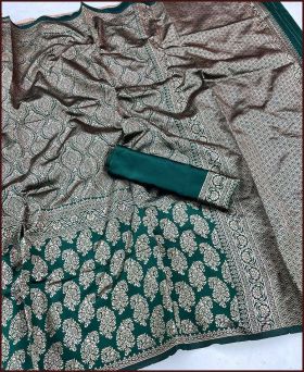  Indian Ethnic Wear Dark Green Traditional Wedding Party Woven Sarees
