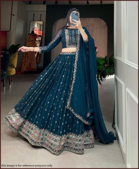 Wedding Wear Teal Blue Color Georgette Embroidery Sequence Work Lehenga Choli 