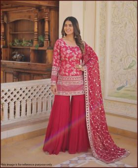 Wedding Wear Red Color Zari Embroidered Work Sharara Suit-XL