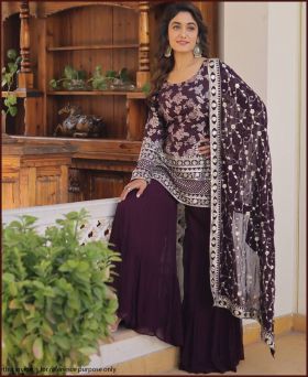 Wedding Wear Wine  Color Zari Embroidered Work Sharara Suit-XL