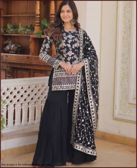 Wedding Wear Black Color Zari Embroidered Work Sharara Suit-L