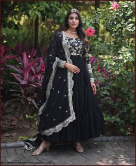 Reception Wear Black Color Dyable Jacquard Thread Work Gown 