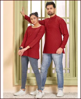 Trendy Rayon with Gold Foil Print Butti Red Couple Kurtas