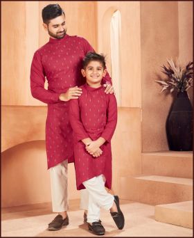 Adorable Cotton Embroidery Butti Work Father and Son Red Kurta