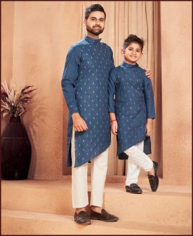 Captivating Cotton Embroidery Butti Work Father and Son Blue Kurta
