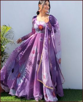 Digital Print Pure Organza Lavender Color Designer Gown