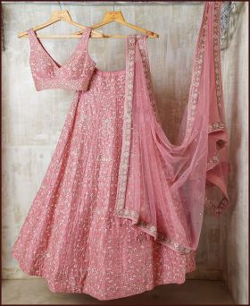 Exclusive Heavy Malai Silk Satin Embroidered Pink Lehenga Choli