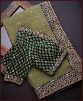 Beautiful Olive Green Colored Silk  Embroidered Designer Saree
