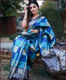 Glamorous Blue Saree with Zari Weaving comes with Heavy Weaved Blouse Piece