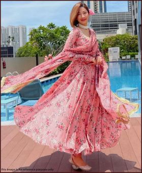 Elegant Faux Georgette Floral Print Pink Gown with Dupatta