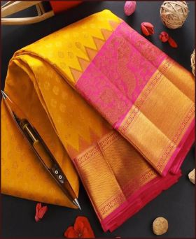 Yellow Soft lichi silk Jacquard Weaving Work saree