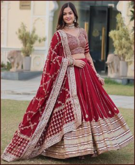 Stunning red faux blooming heavy sequence Zari embroidered lehenga choli