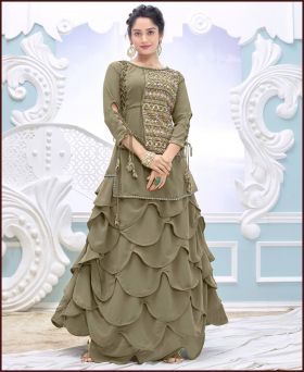 Trendy Embroidered Faux Georgette Brown Suit Lahenga