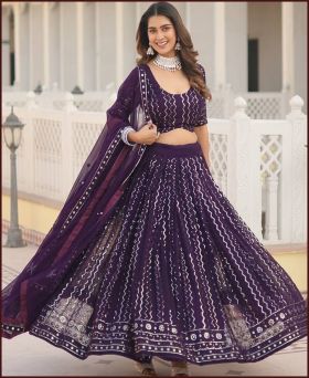 Wine Faux Blooming Heavy Sequins Thread Embroidered work lehenga