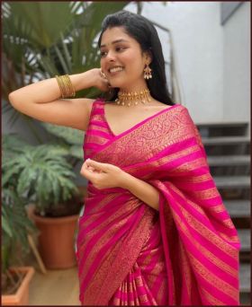 Hot Pink Colour Traditional Kanchipuram Silk Weaving Work Saree With Unstitched Running Blouse