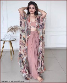 Dusty Pink Silk Indowestern Dhoti Suit With Printed Shrug 