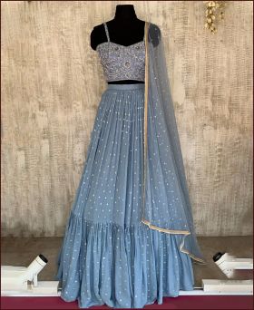 Party Wear Georgette Base Sequence & Embroidered Ruffle Grey Lehenga