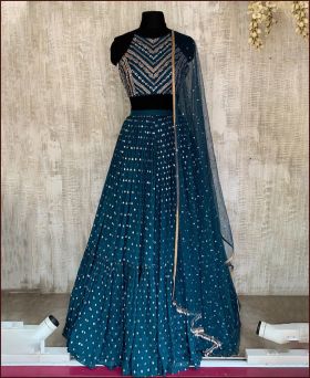 Lovely Georgette Base Sequence & Embroidered Dark Green Ruffle Lehenga