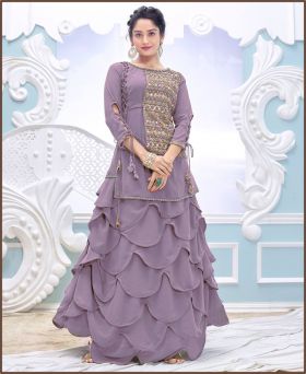 Beautiful Embroidered Faux Georgette Violet Suit Lahenga