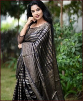 Black Color Latest Soft Banarasi Silk Saree with Golden Zari Work