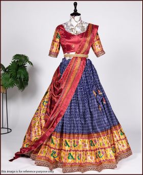 Navratri Special Laheriya-Patola Print and Sequins Embroidery Lace Navy Blue Lehenga Choli
