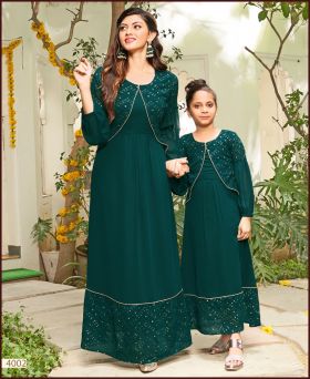 Dazzling Heavy Georgette Heavy Embroidery with Sequence Work Green Mother & Daughter Gown
