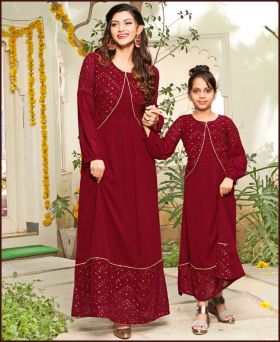 Fabulous Heavy Georgette Heavy Embroidery with Sequence Work Red Mother & Daughter Gown