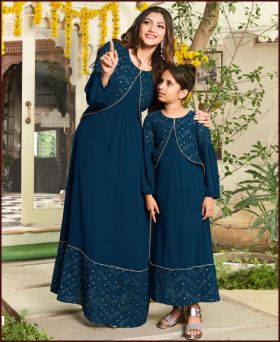 Matchless Heavy Georgette Heavy Embroidery with Sequence Work Blue Mother & Daughter Gown