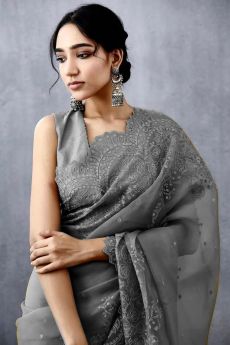 Trending Embroidery Organza Peach Saree with Blouse Piece-Grey