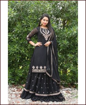 Captivating Embroidered Faux Georgette  Black Stitched Suit Lahenga