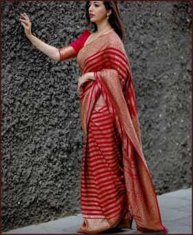 Red Soft Silk Saree With Zari Weaving Work 
