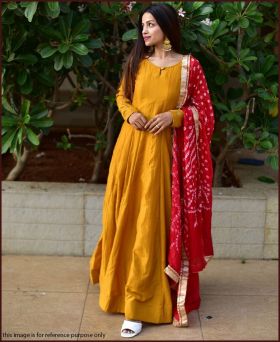Adorable Chinon Mustard Yellow Color Gown With Red Dupatta