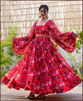 Attractive Georgette Digital Print Red Gown with Inner