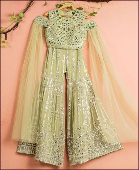Heavy Georgette Embroidery Pista Green Color Plazzo Suit Set