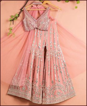 Presenting New Georgette Embroidery Baby Pink Color Plazzo Suit Set