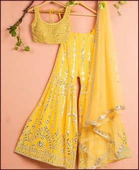Latest Georgette Embroidery Yellow Color Plazzo Suit Set