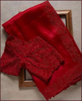 Latest Embroidery & Sequence work Red Saree with Blouse Piece